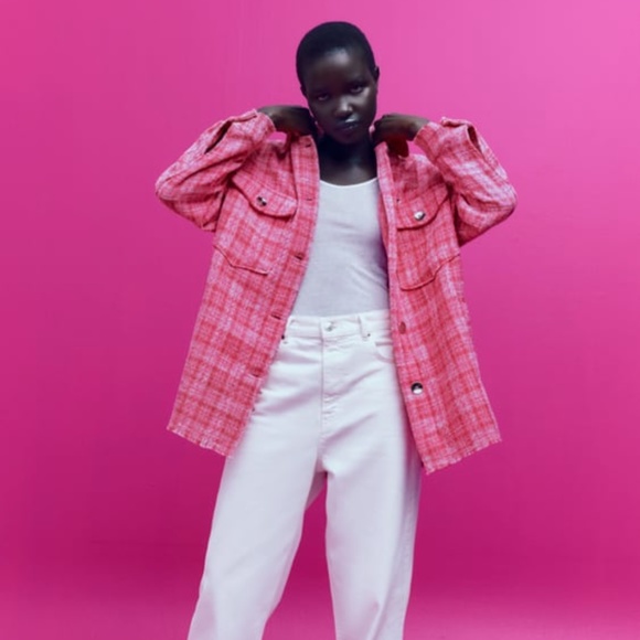 NWT ZARA WOVEN PLAID OVER SIZE SHIRT PINK / WHITE M - Picture 7 of 8